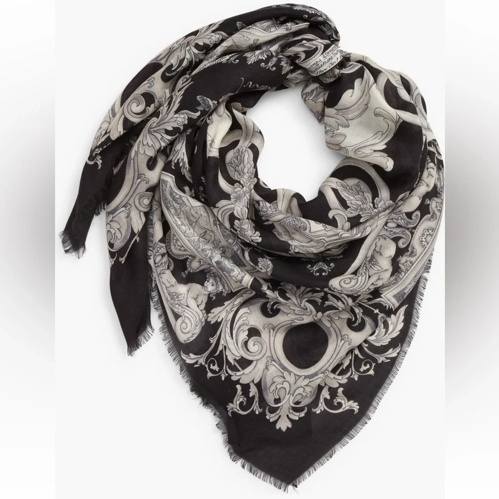Versace Black & White Baroque Print Wool & Silk Scarf 52" square - Picture 3 of 6